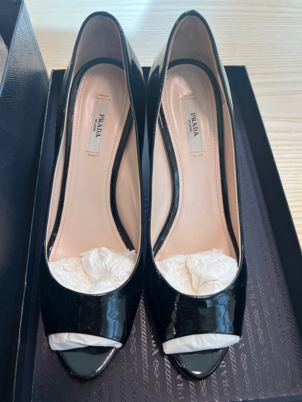 Prada Black Patent Leather Peep-Toe Heels wear them ones. Sz 38.5 Italy